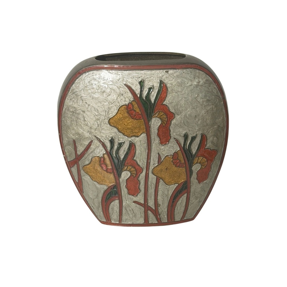 Wildwood Accents Brass Vase Vintage Silver Red Gold Iris Floral Art Nouveau